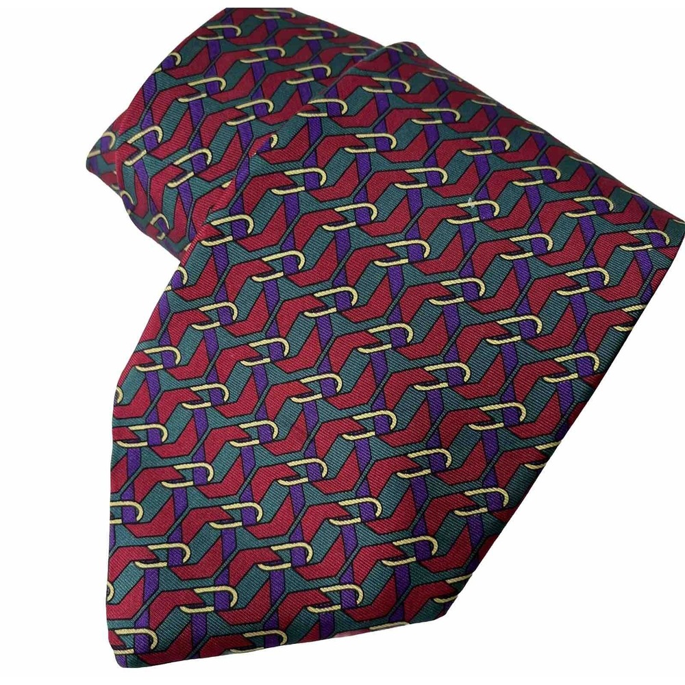 Vintage Christian Dior Necktie Mens Multicolor Geometric Chain Link Silk Tie